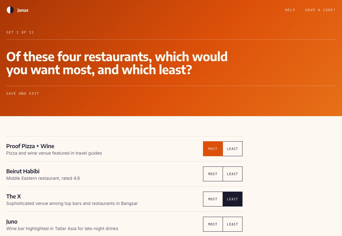 A survey screen with four restaurants, one marked Most and one marked Least
